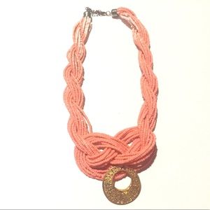 Pink Beaded Statement Necklace with Gold Charm 16”